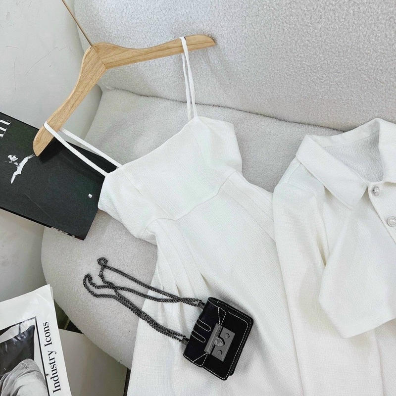 SET ĐẦM DẠ 2 DÂY TRẮNG  KÈM KHOÁC CROP VEST