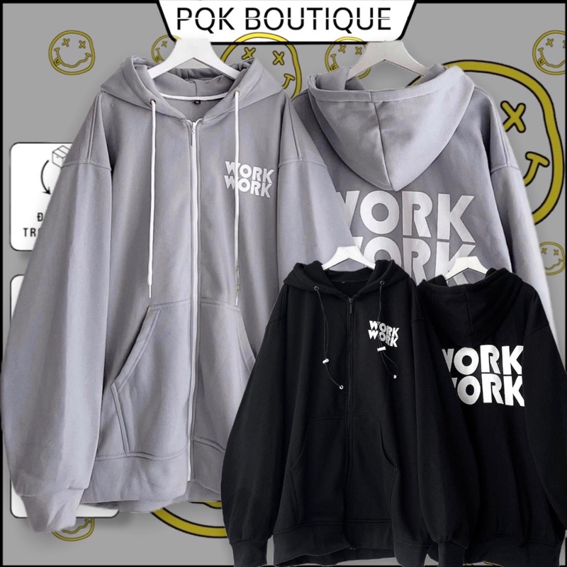 Áo Khoác Zip Kéo Form Rộng Xám Chữ WORK - pqk boutique