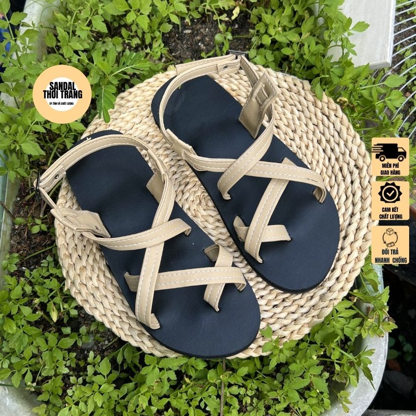 Giày sandal xỏ ngón quai chéo đế bệt A101 đen/nâu/ be Full size 30-44 SANDALTHOITRANG