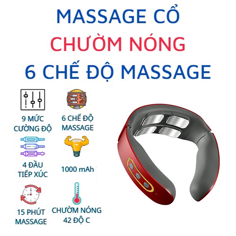 Máy Massage Cổ Vai Gáy Cao Cấp, CÓ CHƯỜM NÓNG 42 độ C - 4 Đầu Tiếp Xúc, 6 Chế Độ Mát Xa, 9 Cường Độ