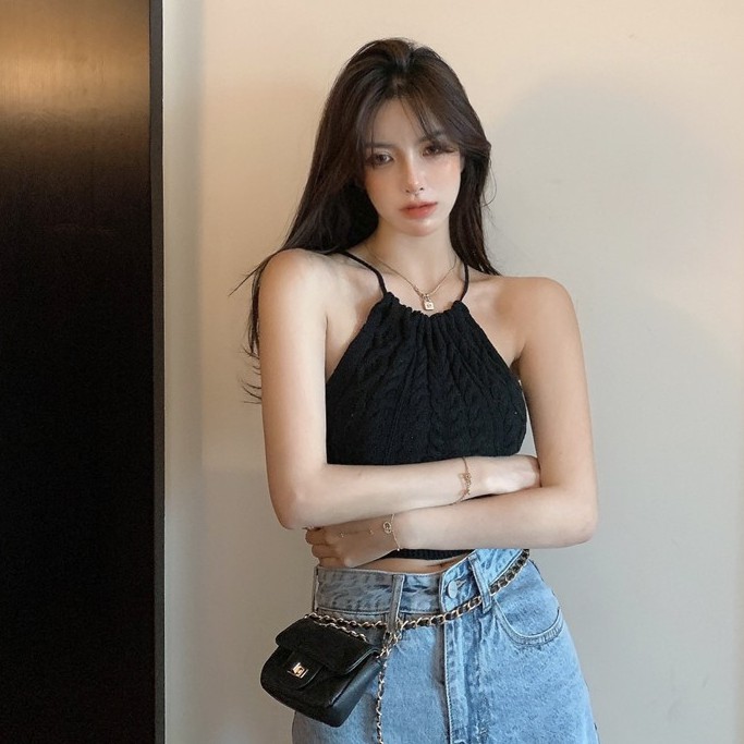 Áo Hai Dây Dệt Kim Dáng Ngắn Phong Cách Âu Mỹ Cá Tính Cho Nữ