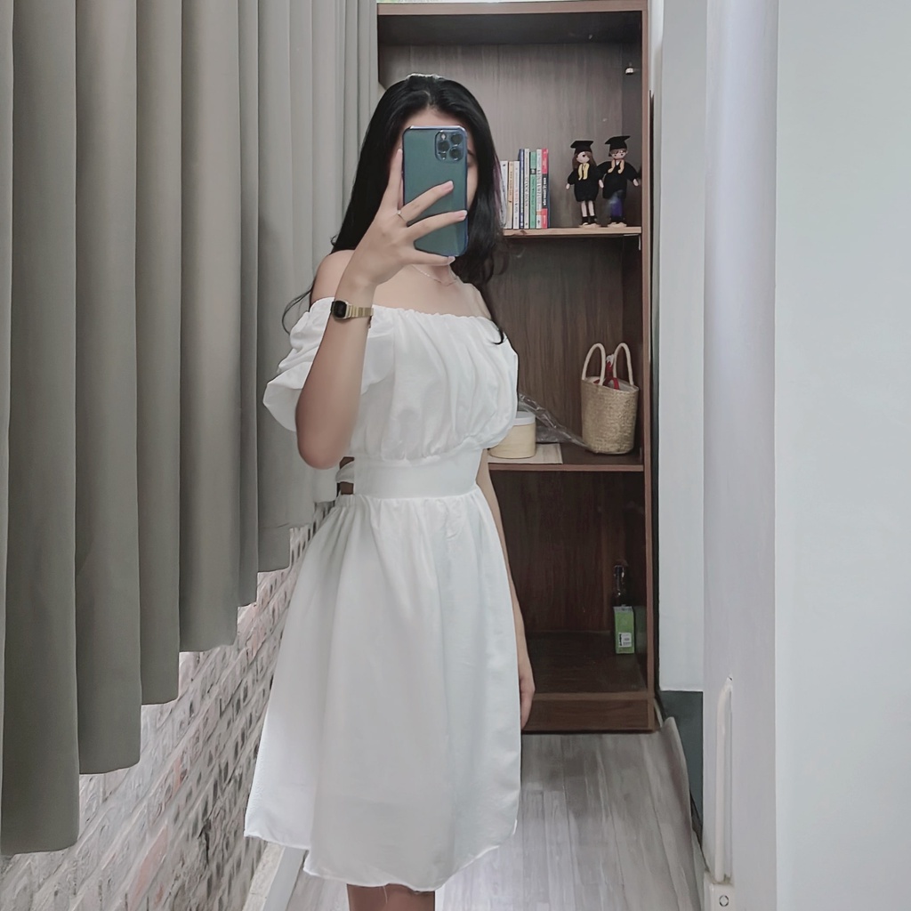 Váy Trễ vai Cổ Vuông Tay Bồng khoét eo Nơ Lưng dự tiệc đi biển chất đẹp HOTTREND Cao Cấp LICA - V28