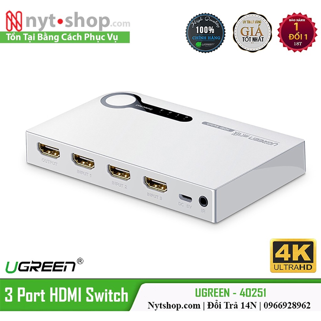 Bộ Gộp HDMI 3 in 1 Hỗ Trợ 3D Full HD UGREEN 40234 Chính Hãng