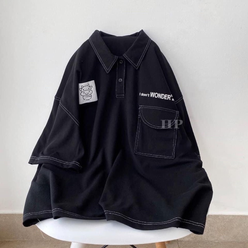 Áo thun polo chỉ nổi unisex form rộng nam nữ mặc được (kèm video/ảnh thật ]