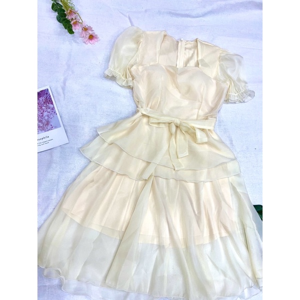 Váy đầm nữ dáng xòe dự tiệc cổ vuông xếp tầng phối nơ eo