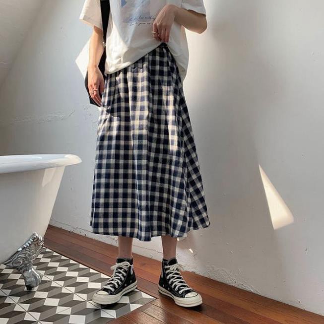 [EGANDA]Chân váy dài chất vải thô Quảng Châu dáng suông vintage kẻ ô vuông phong cách Hàn Quốc🍑(ảnh thật shop chụp)