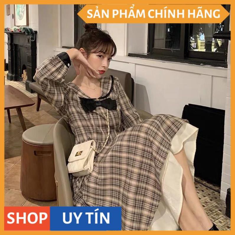 Đầm xòe caro tay dài, cổ nơ kiểu tiểu thư xinh yêu dễ thương, dự tiệc cưới đi chơi bao đẹp, hàng cao cấp tại VADA - V08 | BigBuy360 - bigbuy360.vn