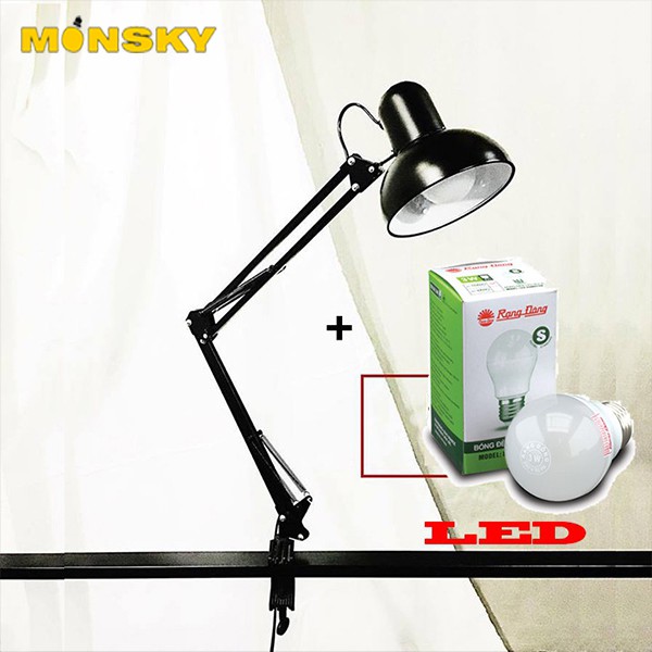 Đèn kẹp bàn MONSKY PX01 chao to thân dài 90cm kèm bóng LED Rạng Đông 3w chống cận