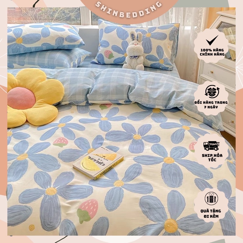 Set Bộ Vỏ Cotton Living Hoa Xanh 5 Cánh, Chất Cotton Thoáng Mát, Thấm Hút Tốt_shinbedding