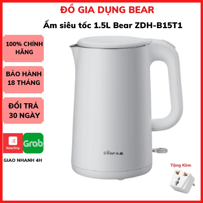 Ấm Siêu Tốc, Bình Đun Nước Siêu Tốc 1.5 lít Bear ZDH-B15T1, Công Suất 1500W, Đun Nước Siêu Nhanh, Sang Trong, BH 18 th