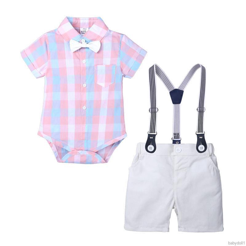 Set áo thun ngắn tay sọc vằn + Quần short yếm thời trang cho bé trai