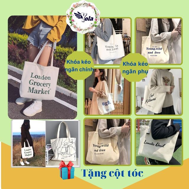 [Quà cột tóc] Túi Tote Vải YOLA SHOP Túi Xách Nữ Rẻ To Có Khóa Kéo Cỡ Lớn Đựng Laptop Giấy A4 đi học, du lịch TUIV.005