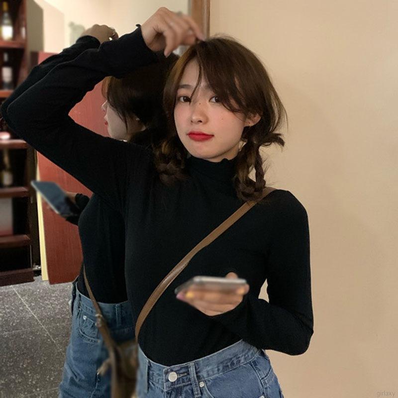 Áo thun cổ lọ tay dài màu trơn kiểu dáng đơn giản phong cách Hàn Quốc dễ phối đồ