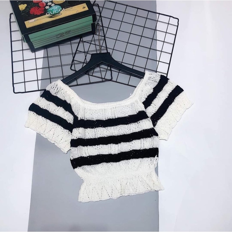 Áo len nữ tay cộc cánh tiên bẹt vai dáng croptop hot
