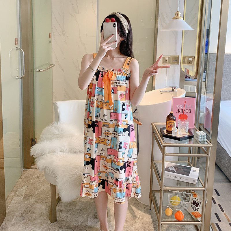 Đầm Ngủ 2 dây họa tiết hình - Kèm Bra lót mút chất liệu thun sữa mềm mại VD-01 | BigBuy360 - bigbuy360.vn