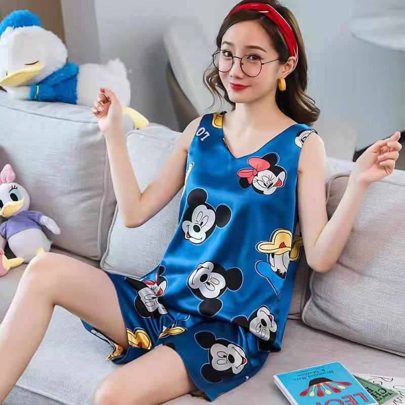 Thời Trang Bộ Đồ Ngủ Pijama Vải Lụa Satin Cổ Chữ V Không Tay In Hình Chuột Mickey Size Lớn M-5Xl Cho Nữ | BigBuy360 - bigbuy360.vn