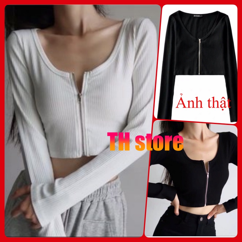 Áo croptop tay dài khóa kéo
