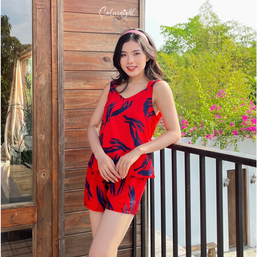 Đồ bộ nữ mặc nhà, set bộ sát nách dành cho nữ SATURNIGHT H00307.3 đỏ hoa văn xanh
