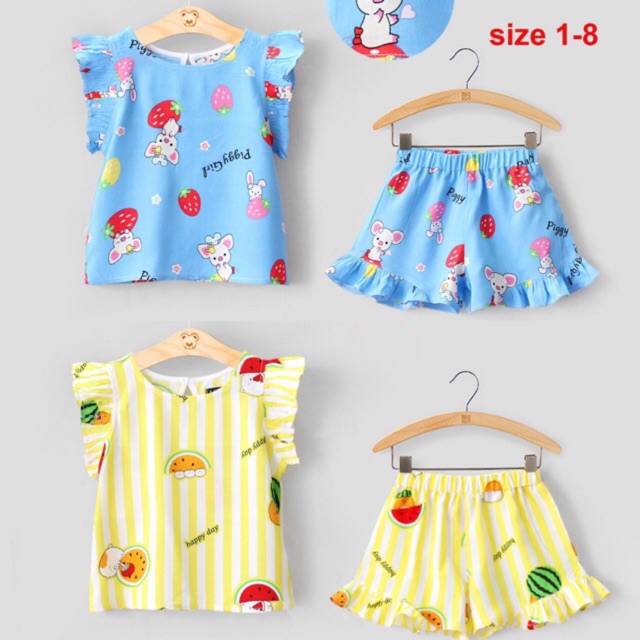 Size 1-8 (9-22kg) ĐỒ BỘ BÉ GÁI TAY CÁNH TIÊN QUẦN ĐÙI VẢI TOLE IN HÌNH