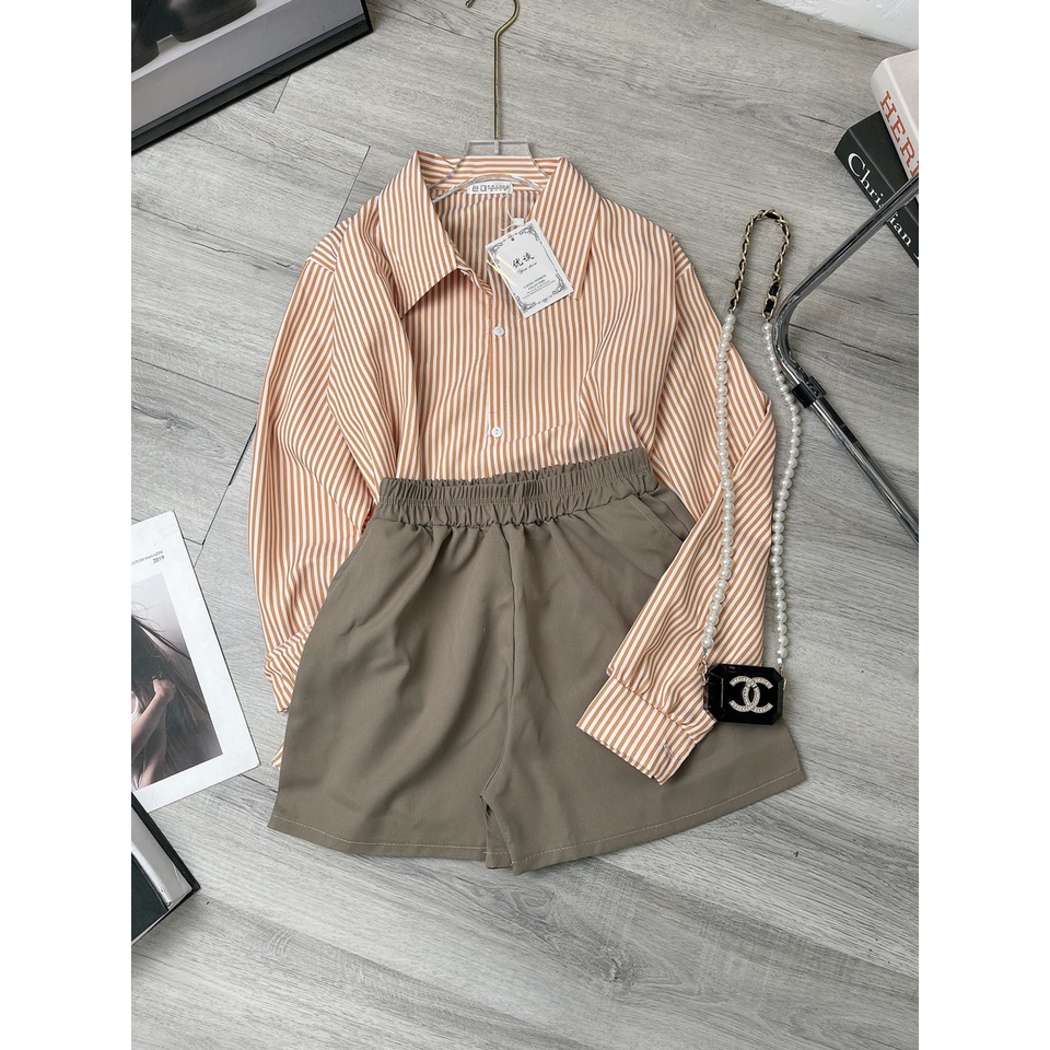 Sét áo sơ mi lụa kẻ mix quần short kaki vừa xinh vừa năng động hàng cao cấp - VIC Store VC287