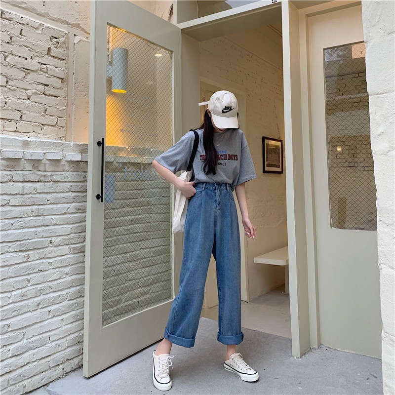 Quần jeans nữ lưng cao ống đứng thời trang Hàn