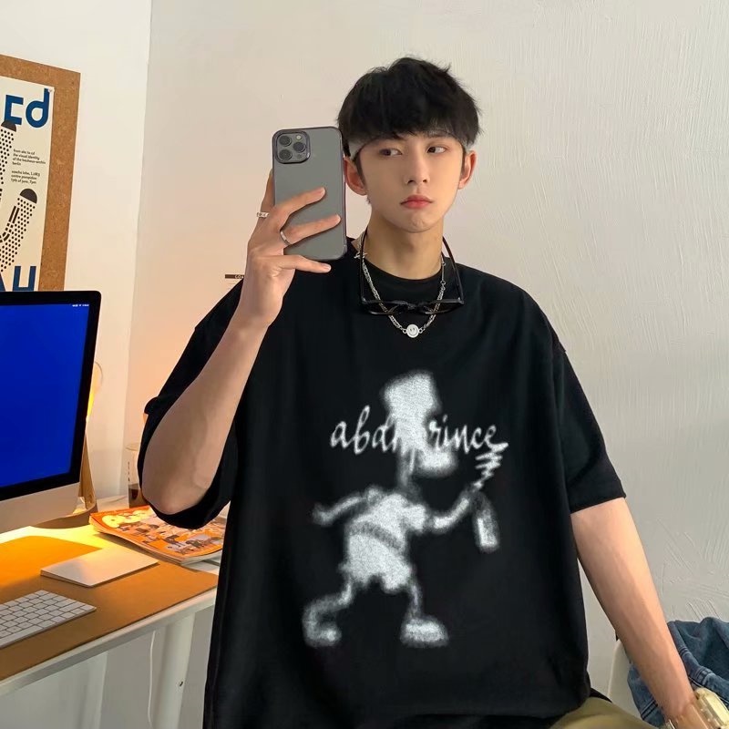 Áo thun tay ngắn dáng rộng in họa tiết hoạt hình phong cách đường phố hiphop cho nam size M-5XL