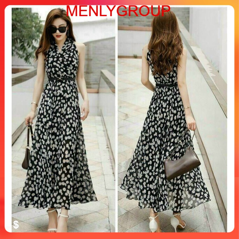 ĐẦM MAXI HOA CÚC CỔ V KÈM NỊT VN