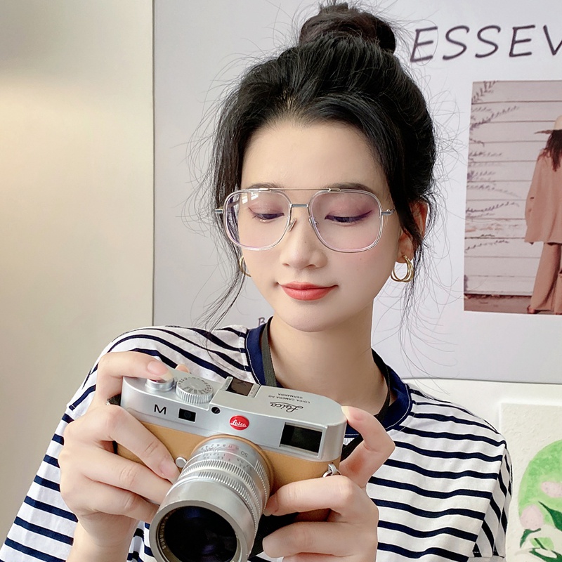 Kính Mát Gọng Kim Loại Trong Suốt Oversized Chống Tia UV Phong Cách Hàn Quốc Cổ Điển Thời Trang