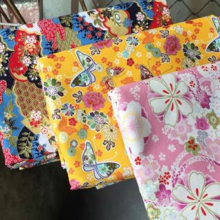 [Quất Quýt & Vải] Vải quạt hoa xanh, Vải bướm vàng, Vải hoa nền hồng - Vải họa tiết Nhật