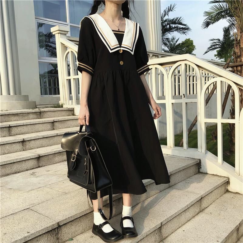 Đầm nữ tay ngắn cổ thủy thủ phong cách Nhật Hàn