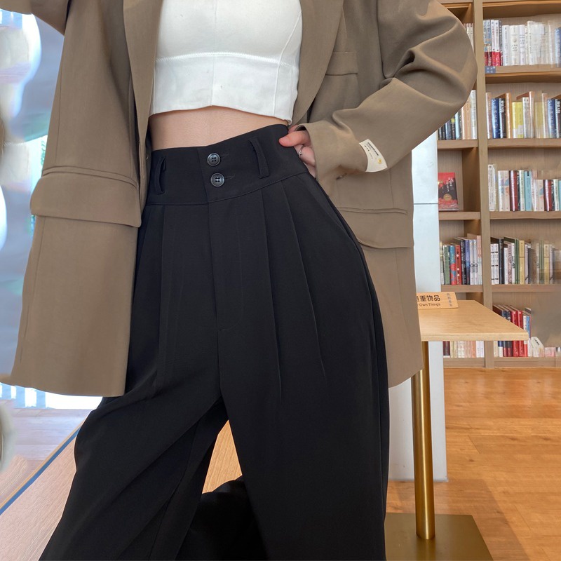 Quần dài ZHELIHANGFEI ống rộng lưng cao màu đen thời trang xuân thu cho nữ