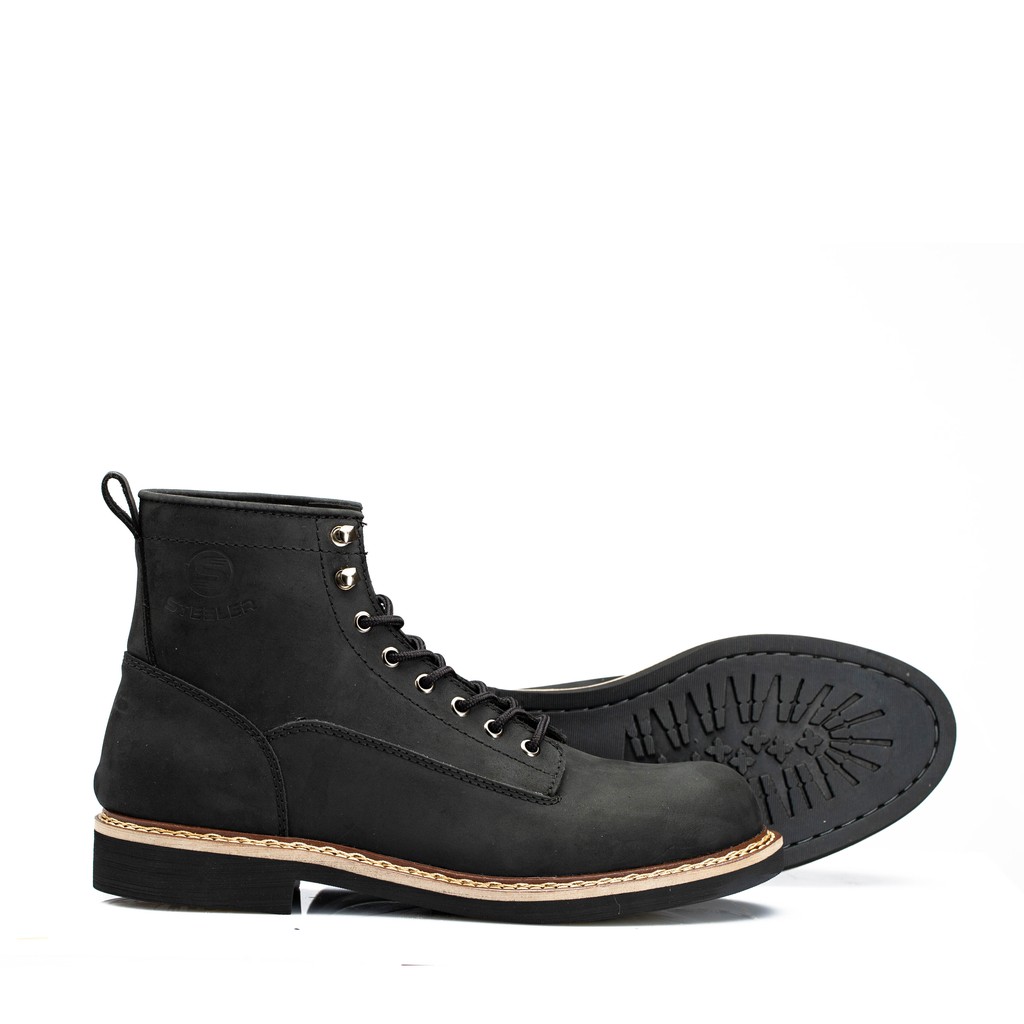 Giày boot nam da bò sáp cao cấp cổ cao . LINEMAN ĐEN SÁP - STEELER , đế khâu , phong cách workwear