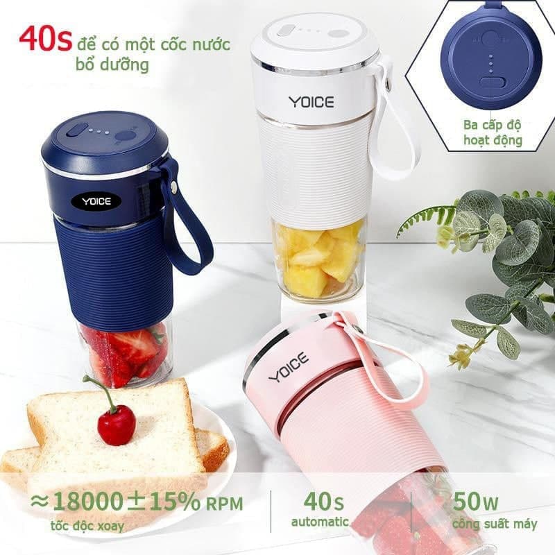 Máy xay sinh tố cầm tay loại sạc pin không dây 4 LƯỠI bằng thép không gỉ YOICE 300ml thủy tinh chịu nhiệt cao cấp