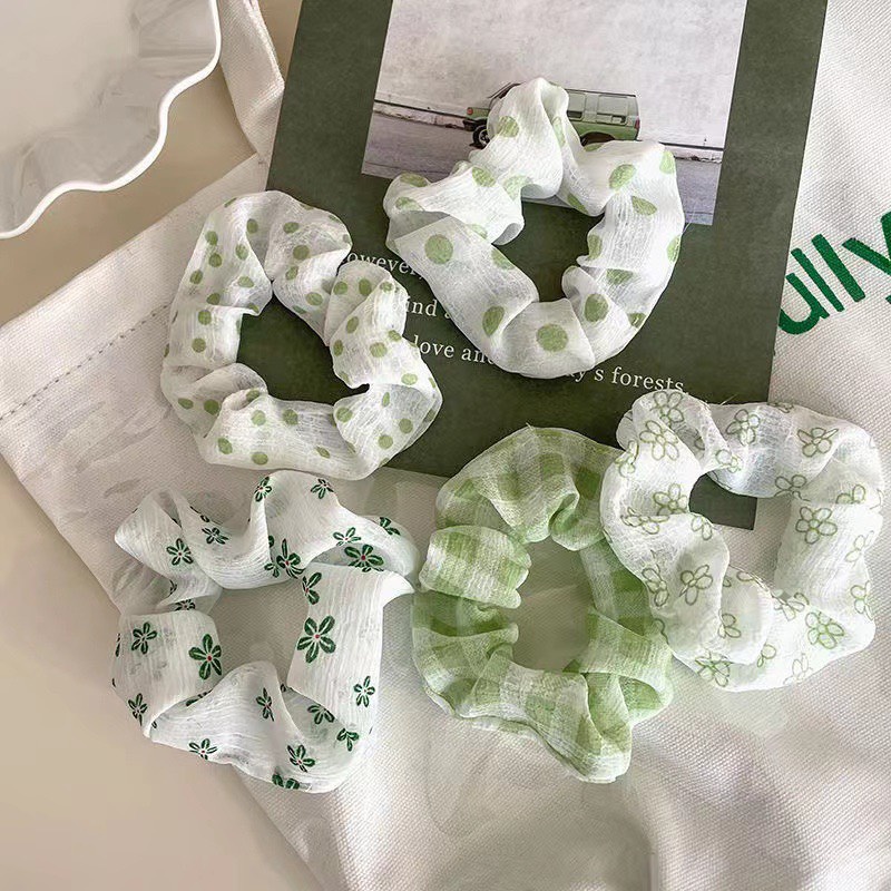 Set 5 dây cột tóc scrunchies vải TIMSTORE màu xanh dương, xanh lá, tím thời trang dễ thương