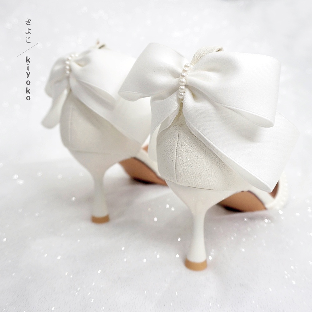 Giày cưới Kiyoko đính viền baby và NƠ SAU GÓT cao 7cm | có quai