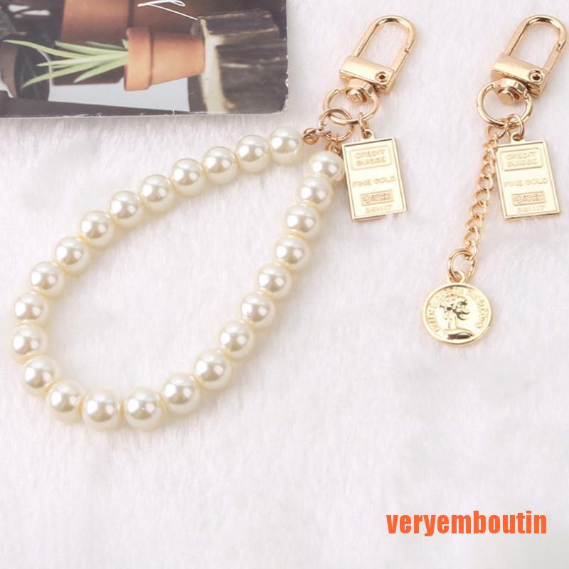 Móc Khóa Hình Đồng Xu Đính Ngọc Trai Giả Phong Cách Retro