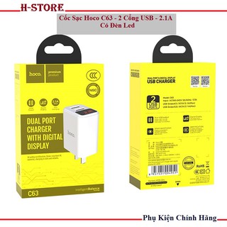 Củ sạc nhanh hoco c63 - 2 cổng usb 2.1a, đèn led hiển thị dòng điện