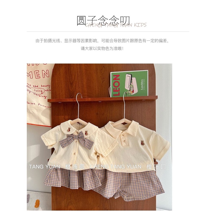 Bộ Áo Sơ Mi Tay Ngắn + Chân Váy Ngắn Phong Cách Hàn Quốc Dễ Thương Thời Trang Mùa Hè Cho Bé Gái