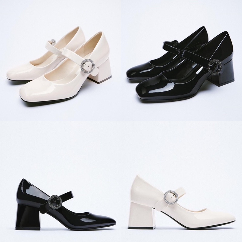 Giày cao gót zara quai khuy đá mũi tròn gót trụ xuất dư fullbox