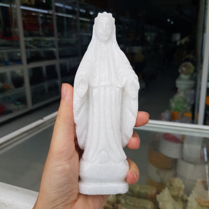 Tượng Đức Mẹ Maria Đá Ngọc Trắng Để Xe Ô Tô, Để  Bàn Cao 15cm