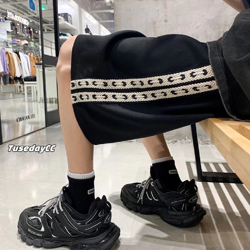 Quần Short Lưng Thun Ống Rộng Phối Sọc Bên Hông Phong Cách Hip Hop Đường Phố Hàn Quốc Cỡ M-3XL Cho Nam