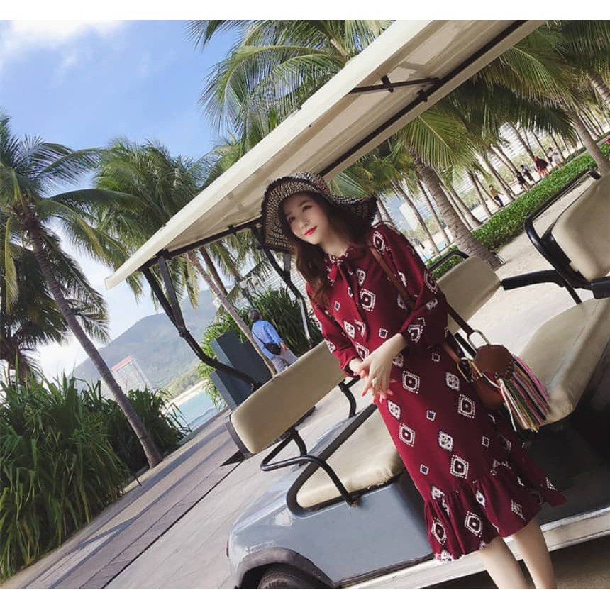 Đầm suông hè 2019 mới chất voan họa tiết nơ cổ dài tay SP.01525