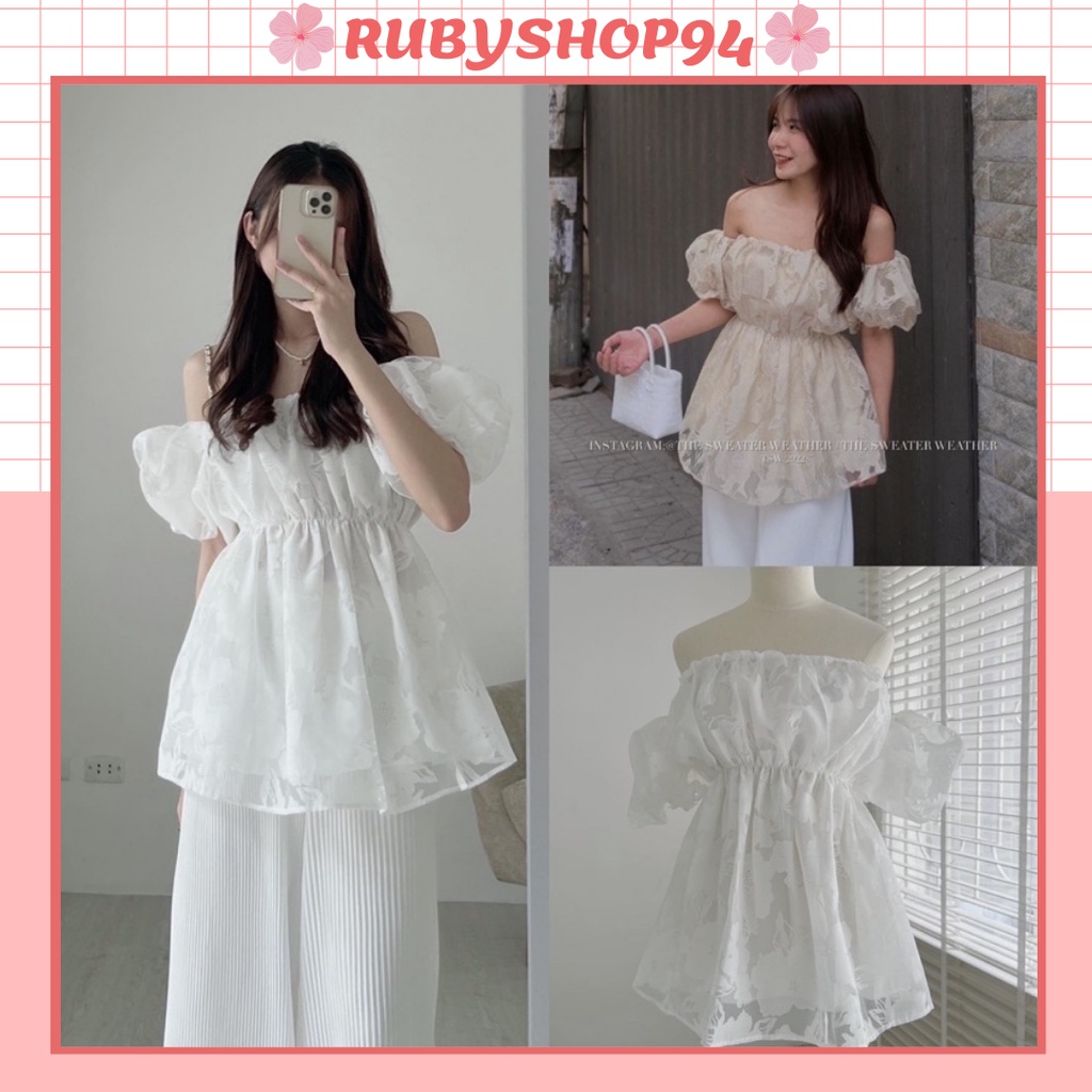 Áo trễ vai hoa chìm chun eo tay bồng tiểu thư xinh xắn, Áo kiểu nữ bánh bèo vai bồng