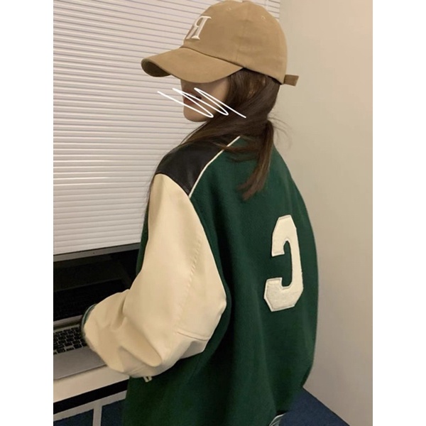 Áo khoác bóng chày tay da chữ thêu phong cách retro