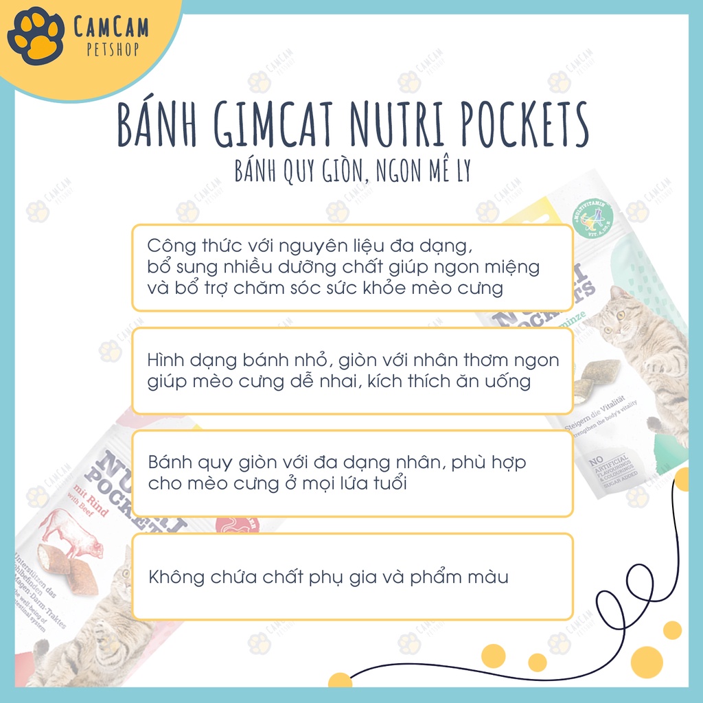 Bánh quy nhân giòn Gimcat Nutri Pockets gói 150gr &amp; 60gr - Snack Gimcat có nhân cho mèo, bánh thưởng cho mèo