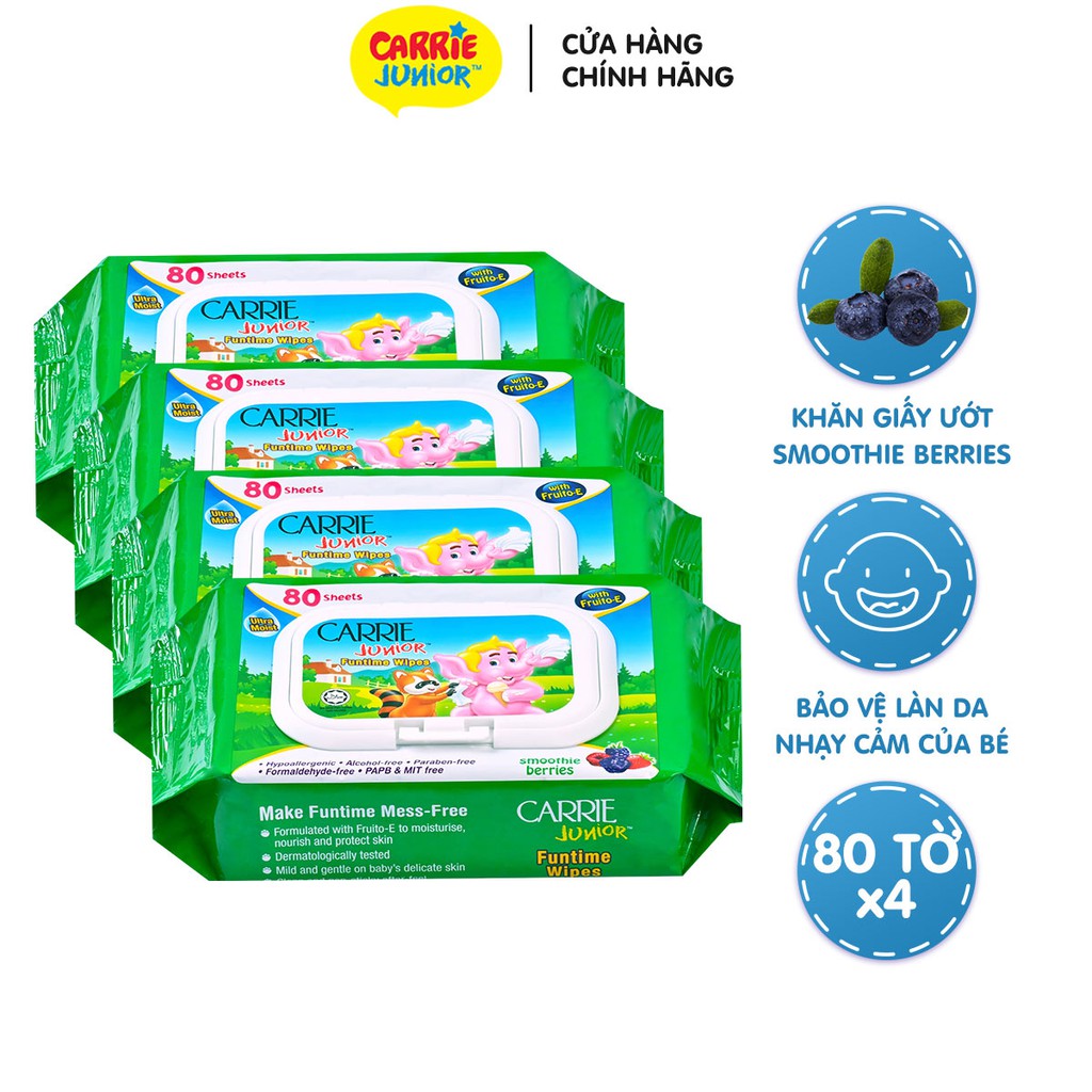 Combo 4 Gói Khăn Giấy Ướt Carrie Junior Funtime Smoothie Berries 80 tờ/ gói