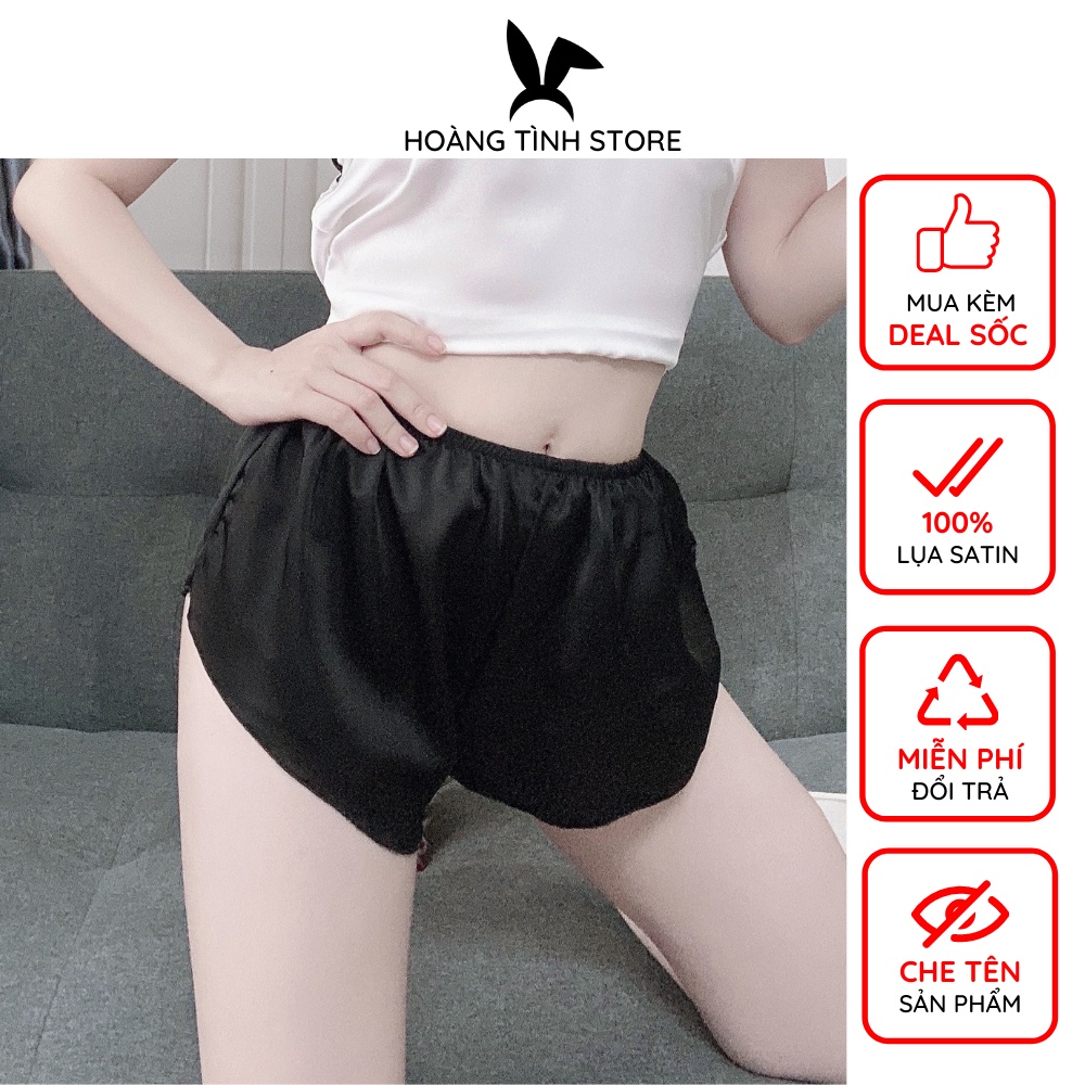 Quần đùi nữ lụa satin cao cấp lưng thun Hoàng Tình Store, mặc ngủ siêu sexy mềm mịn mỏng thoáng mát Freesize