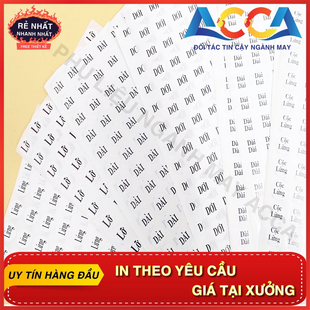DECAN DÁN SIZE QUẦN ÁO -TEM IN CHỮ CỘC LỬNG DÀI DƠI NHÃN MÁC ACCA