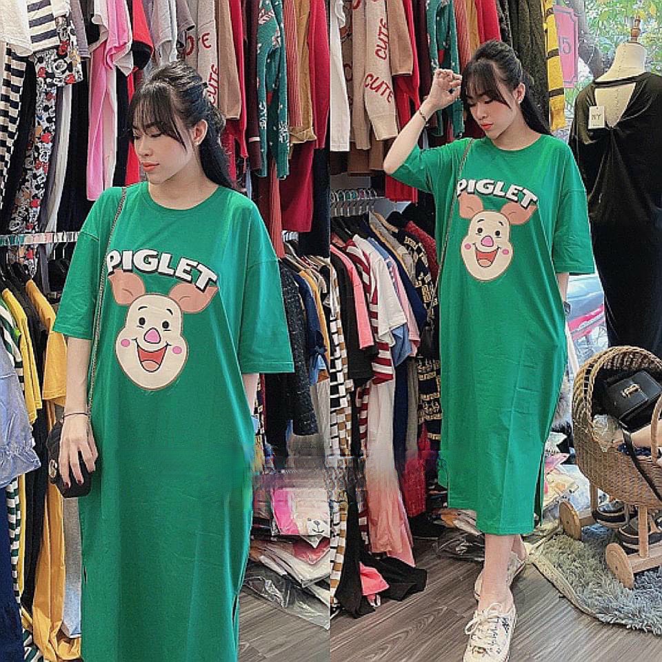 Đầm bầu suông PIGLET chất cotton thoáng mát váy suông dáng dài 3 màu đáng yêu