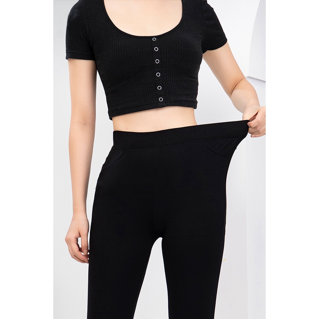 Quần Legging Lửng Ngố Nữ Luperi LP512 Cạp chun vải cotton co giãn màu đen chất dày dặn ôm ngắn